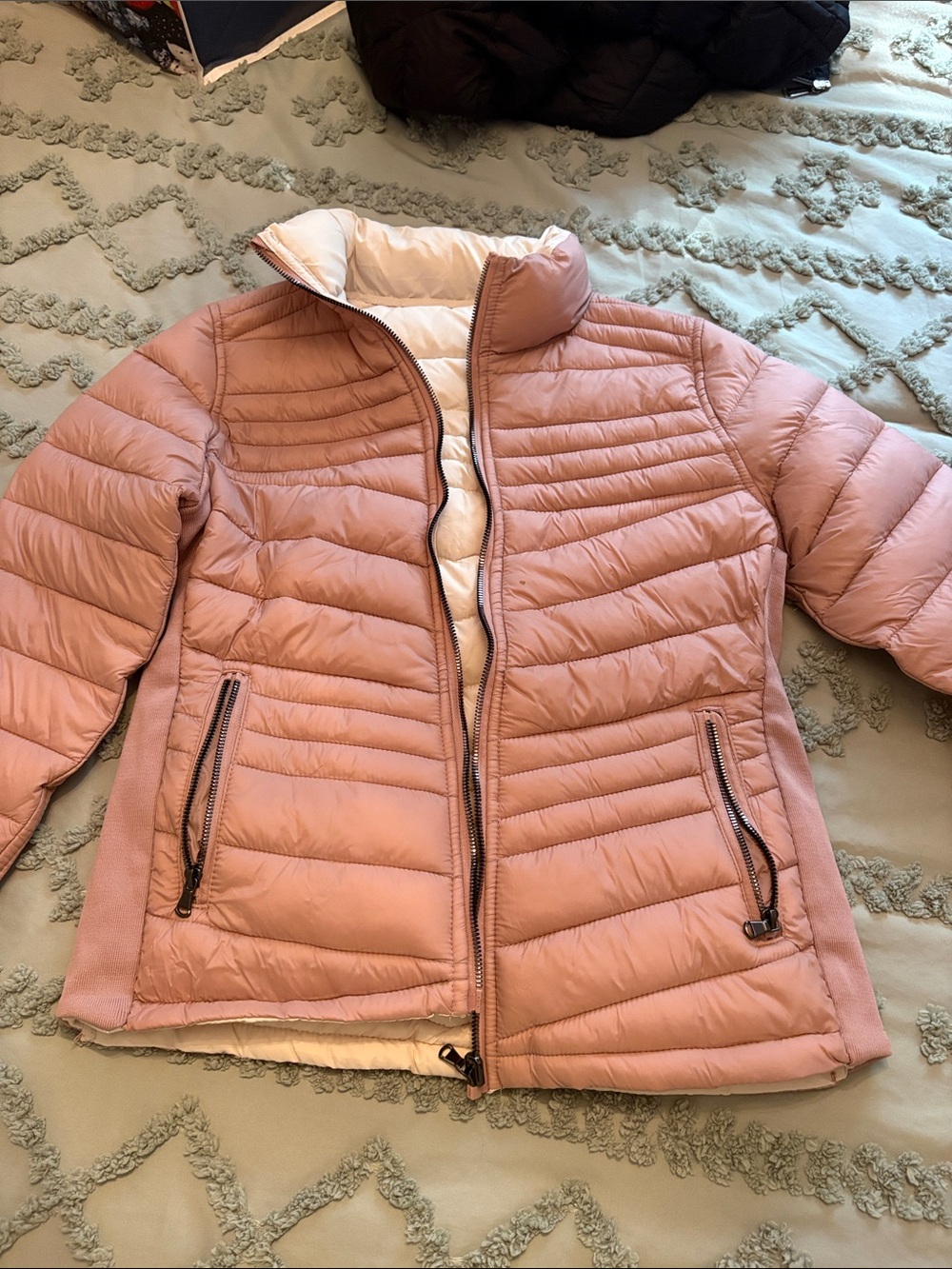 Women's Light Rose & cream reversible Quilted Puffer Jacket with Stand Collar
